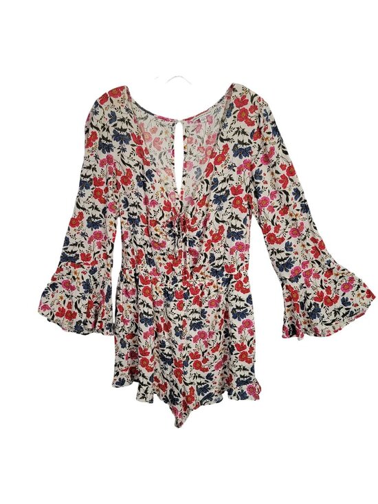 American Eagle Outfitters Pants - American Eagle Outfitters Size L Romper Floral Adjustable Neck Bell Sleeve Flowy